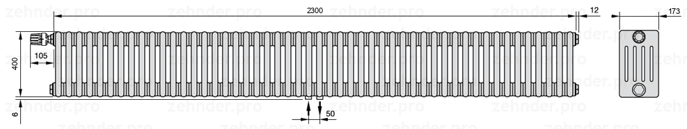 Схема (чертеж) Радиатор Zehnder Charleston 5040/50 №V007 Белый глянцевый RAL 9016